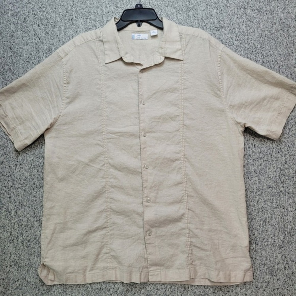Cafe Luna Mens XL Button Down Shirt Short Sleeve Linen‎ Blend Casual Beige